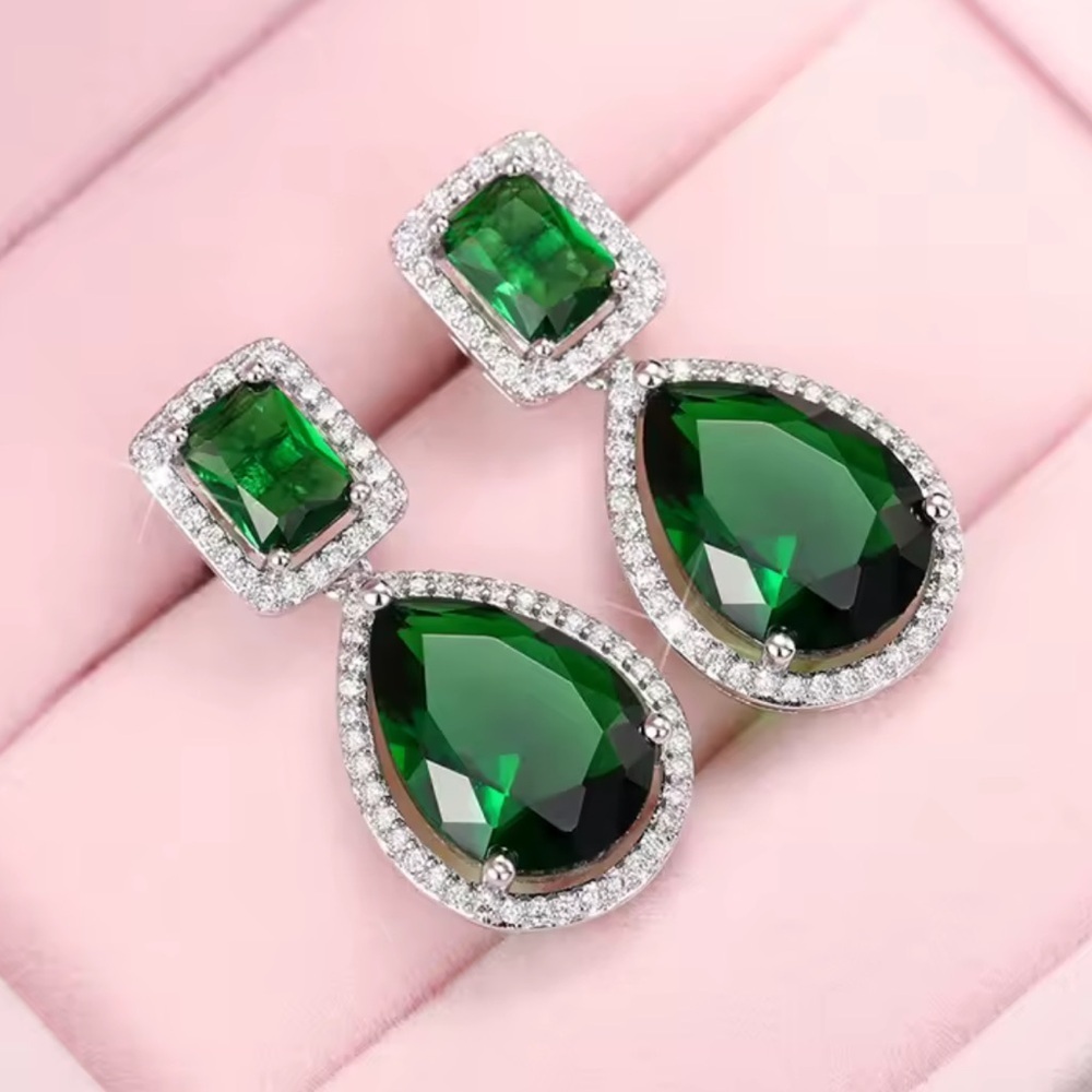 Diamond Emerald Green Teardrop Crystal Earrings – Luxury Silver Halo Design - Picture 3 of 6